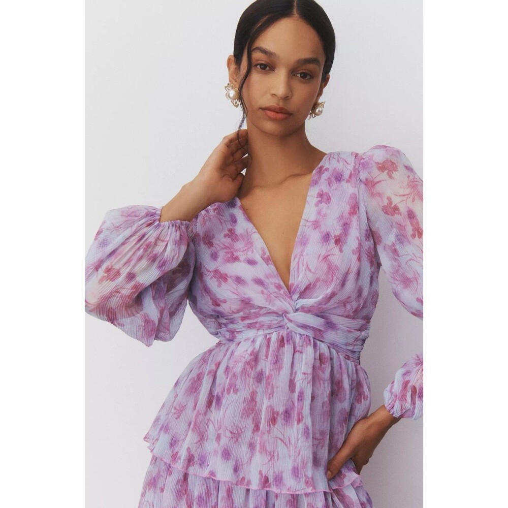 ASTR The Label Sibylla Maxi Dress Sz XS Purple Pink Chiffon Tiered Ruffle READ - Picture 4 of 8